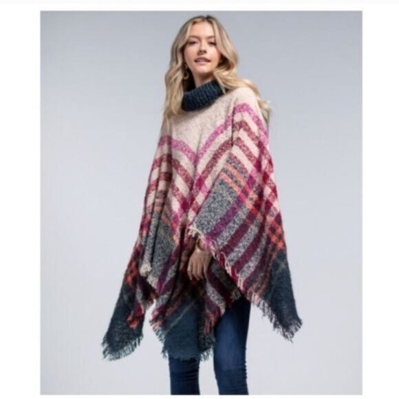 Soft Boucle Yarn Plaid Motif Turtleneck Poncho W/ Fringe-NEW - Picture 3 of 9
